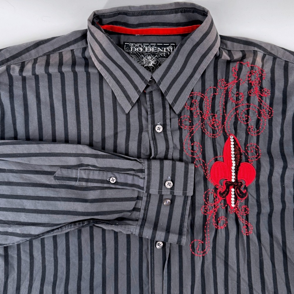Do Denim Button Down Shirt Men XL Grey Black Stripe Fleur De Lis Red Embroidered